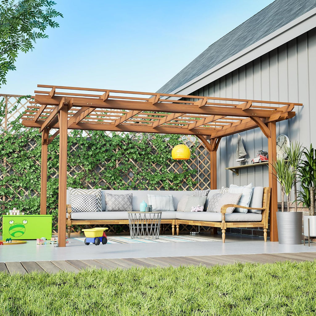 YOPTO 12 x 10 FT Outdoor Wood Pergola,Wooden Grape Pergola Gazebo,Climbing Plant Support for Garden,Backyard,Deck,Easy to Assemble,Brown