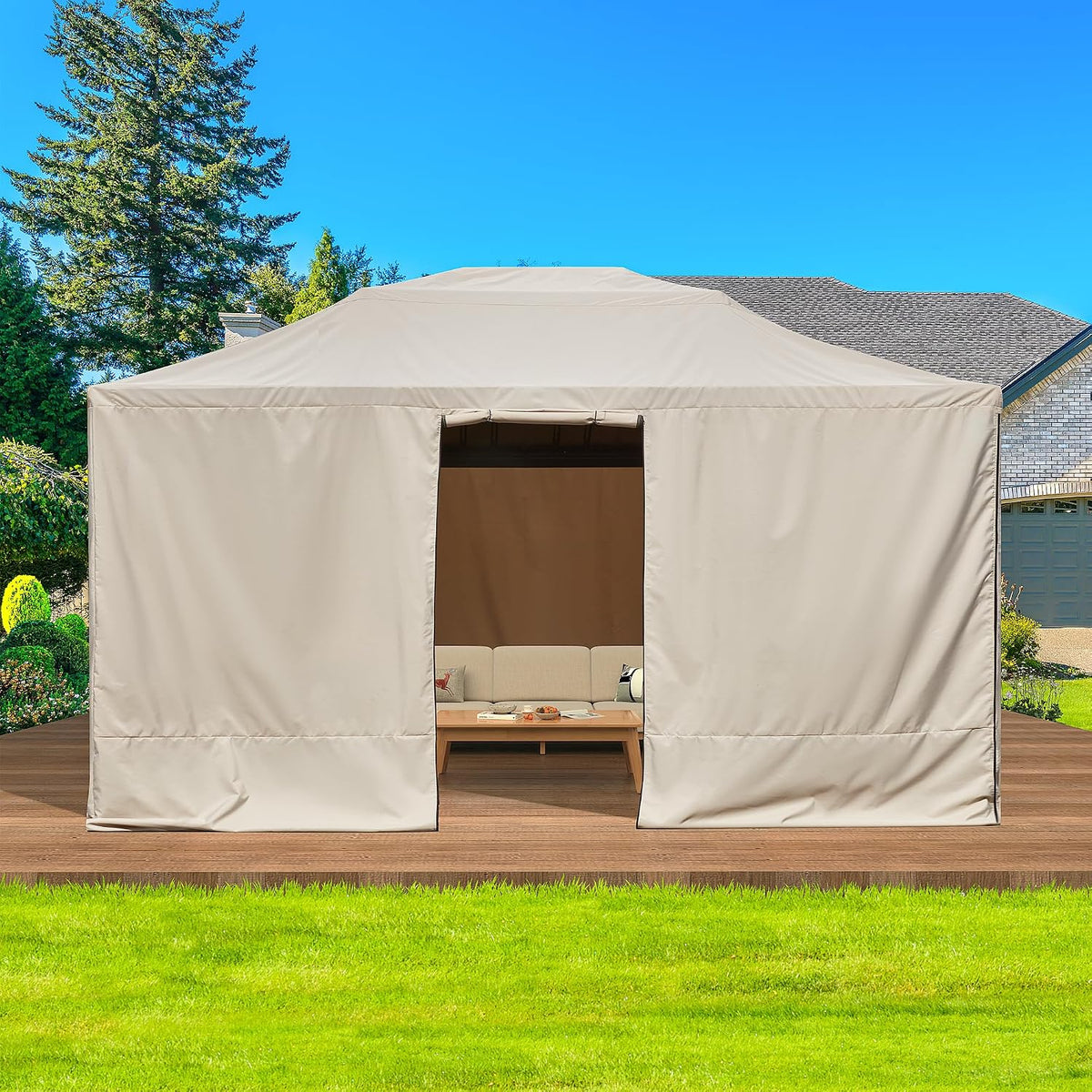 EROMMY Gazebo Cover for 12x14 Gazebos, Outdoor Winter Cover with Sidewalls and Mesh Windows, Convert into Storage Space, Beige