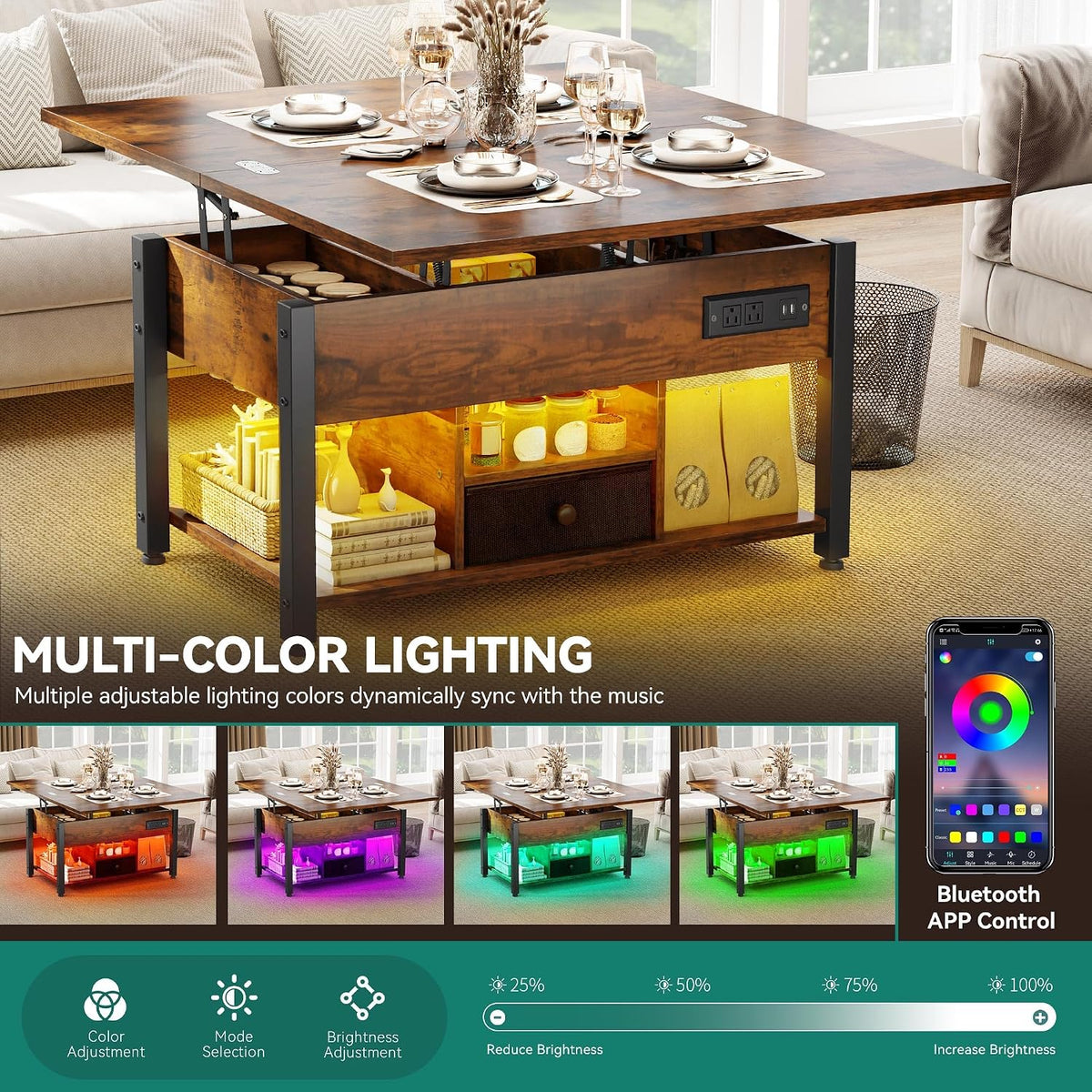 YITAHOME 4-in-1 Lift Top Coffee Table with RGB Light & Dual Tops, Multi-Function Table with Power Outlets, Storage, Converts to Dining Table Computer Desk Gaming Hub, Living Room, Home Office, Brown