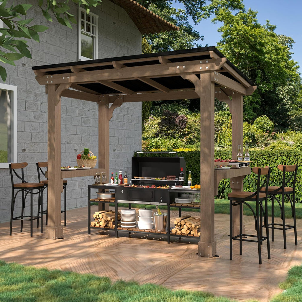 Yardenaler 8 x 5 FT Wooden Grill Gazebo with Sloping Metal Roof, Outdoor Grill Gazebo with 2 Grilling Workstations, BBQ Canopy for Outdoor Patio, Lawn, Garden, Light Mocha Brown