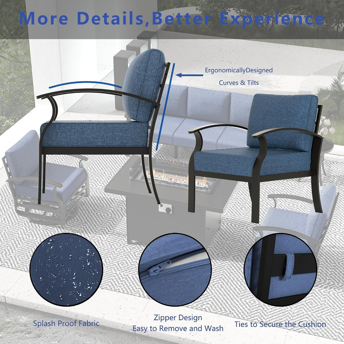 Aluminum Outdoor Patio Furniture Set,5 Seats Patio Conversation Sets with 2 Round Coffee Tables,Metal Patio Sectional Furniture Set with 5.1' Thickened Cushions,Navy Blue