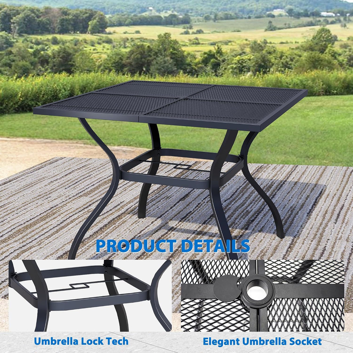 5-Piece Outdoor Dining Set, Square Metal Table with Grey Chairs, Black Patio Table with Umbrella Hole for Garden, Yard, Patio