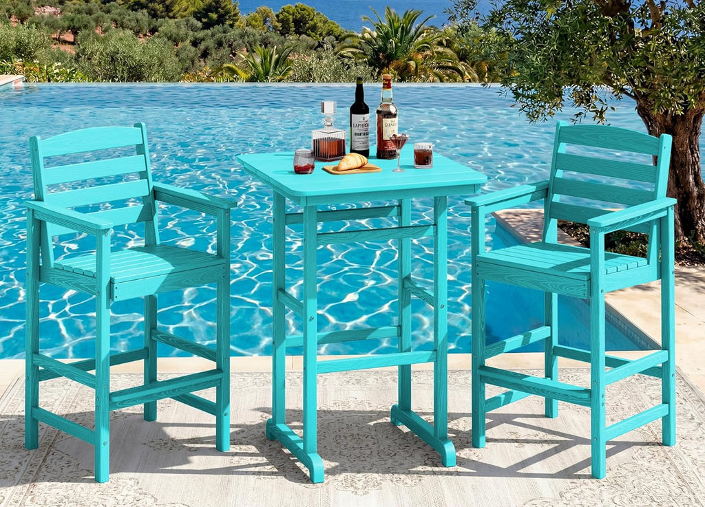 SERWALL Balcony Adirondack Chairs and Table 3 Pieces Set, Adirondack Bar Height Chairs Set of 2 and Bar Table, Outdoor Bar Stools Set for Bistro, Poolside, Backyard, Aruba