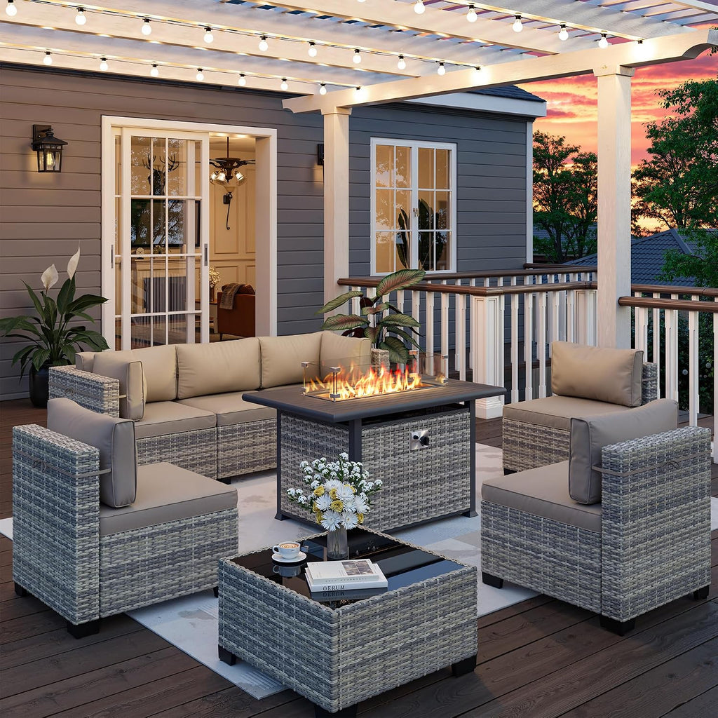 8-Piece Outdoor Patio Furniture Set with 55,000 BTU Fire Pit Table, PE Wicker Rattan Sectional Sofa Conversation Set - All-Weather Garden, Backyard Furniture, Beige