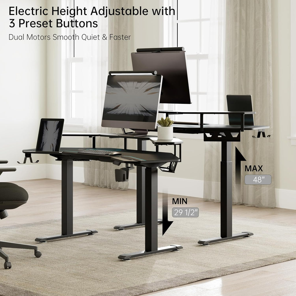 EUREKA ERGONOMIC Gaming Desk Adjustable Height Standing Desk 63' Wing Shaped Music Studio Table Workstation w Full Coverage Mousepad, 3 Stands, Dual Headphone/Cup Holder, Ipad-Slot