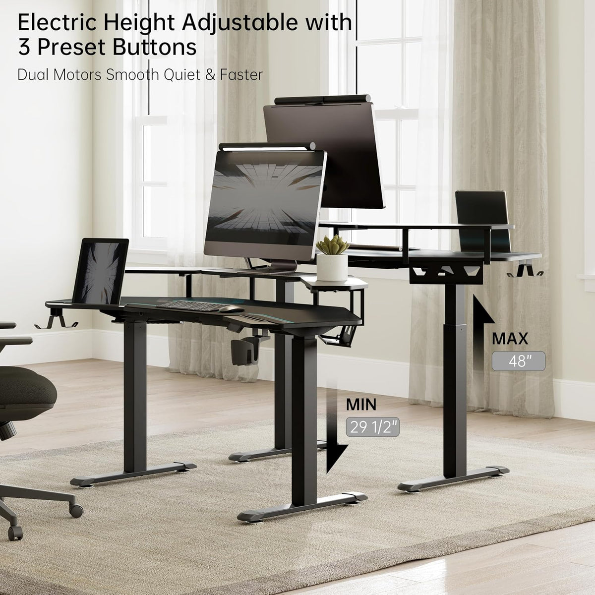 EUREKA ERGONOMIC Gaming Desk Adjustable Height Standing Desk 63' Wing Shaped Music Studio Table Workstation w Full Coverage Mousepad, 3 Stands, Dual Headphone/Cup Holder, Ipad-Slot