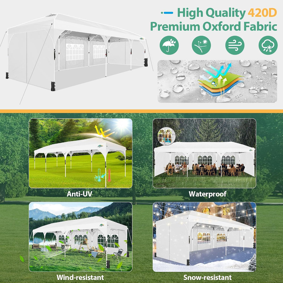 COBIZI 10x30 Pop Up Canopy Tent with Patented Center-Lock, Easy Setup Party Tent with 5 Removable Sidewalls, Wheeled Bag, Ventilated Top, for Wedding Backyard Event, White