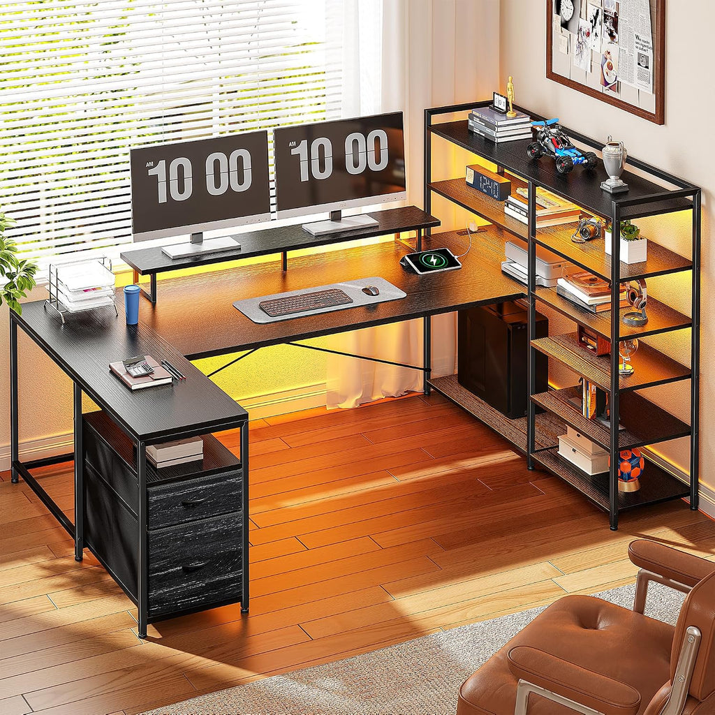 DurayLoly Gaming Desk with 6 Storage Shelves & 2 Fabric Drawers,63'' Computer Desk L Shaped Desk with Power Outlet & LED Strip,Reversible U Shaped Office Desk with Monitor Stand, Black
