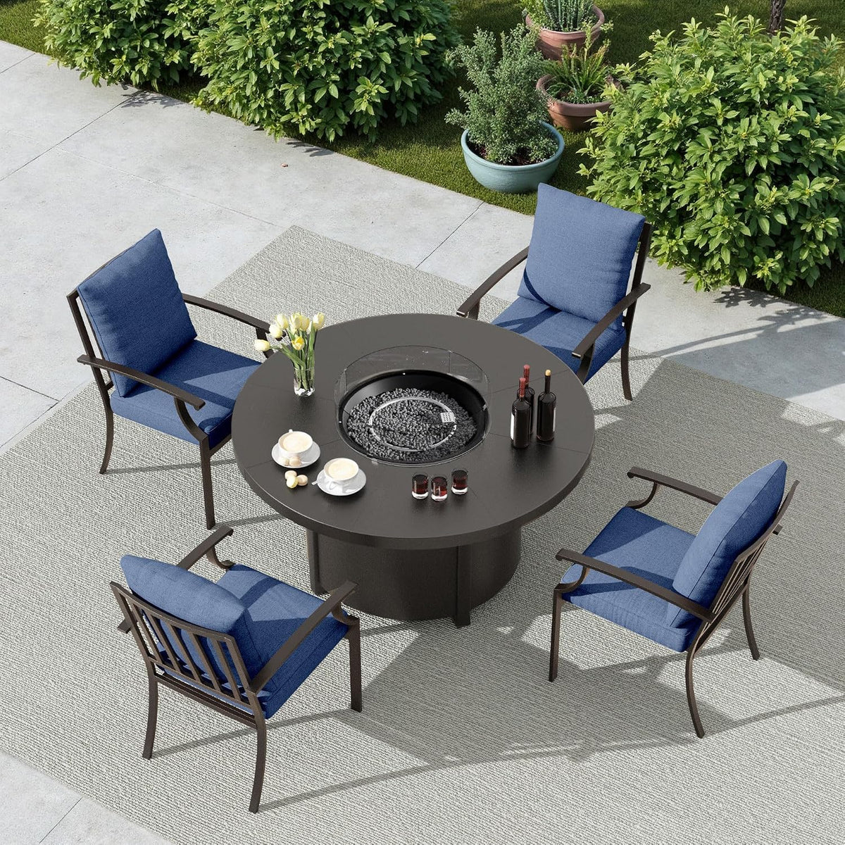 5 Pcs Metal Outdoor Patio Furniture Set with 48'/55000 BTU Outdoor Round Propane Fire Pit Table,Patio Conversation Sets 4 Fixed Chairs No-Slip Cushions and Waterproof Covers,NavyBlue
