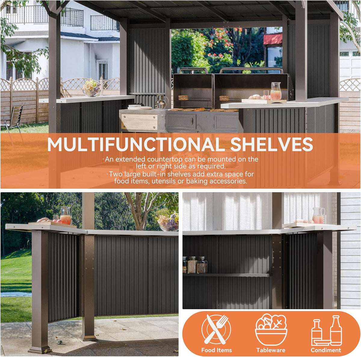 Kurapika 10' x 10'Hardtop BBQ Outdoor Gazebo,Waterproof Sloping Roof and Sturdy Steel Frame, Extended Bar Tops, Smoke-Venting Iron Canopy for Patio, Yard, Garden, for Familie Party