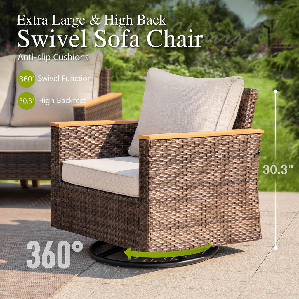 Sophia & William Patio Furniture Set with 56' Fire Pit Table & Swivel Chairs, 8 Piece Outdoor Sectional Furniture Wicker Modular Sofa Couch, Conversation Set for Deck Backyard Lawn, Beige