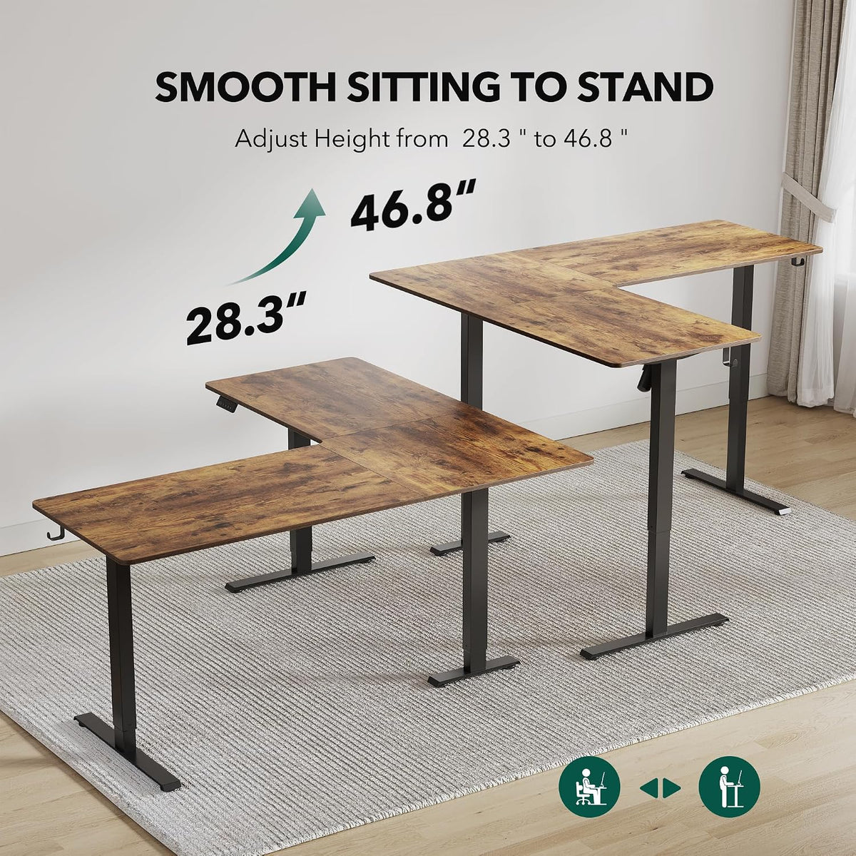 FEZIBO 63' L Shaped Standing Desk - Adjustable Corner Standing Desk L Shape, L-Shaped Adjustable Table with Splice Board, Vintage-Brown