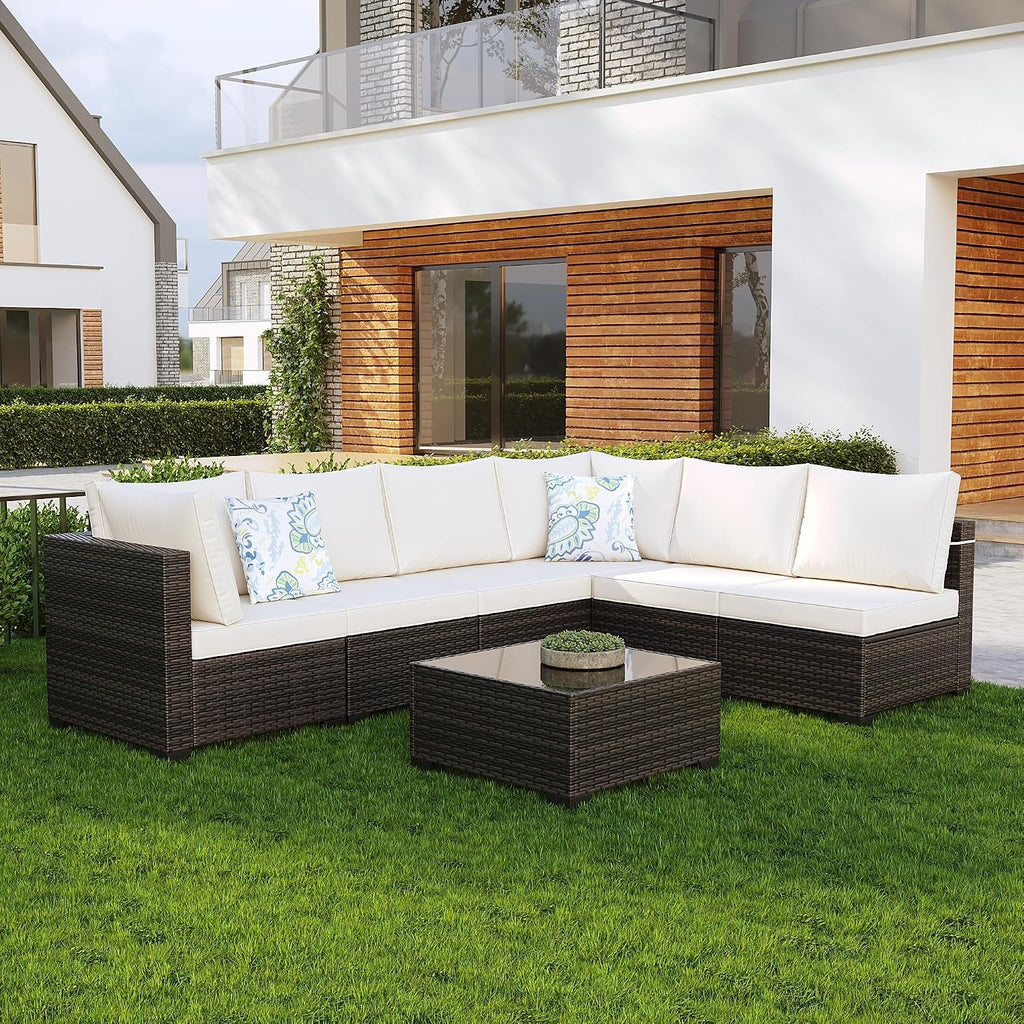 7 Pieces Patio Furniture Set, Outdoor Sectional Rattan Sofa Set, Wicker Patio Conversation Set with Cushions and Glass Coffee Table, for Balcony, Porch, Garden, (Brown/Beige)