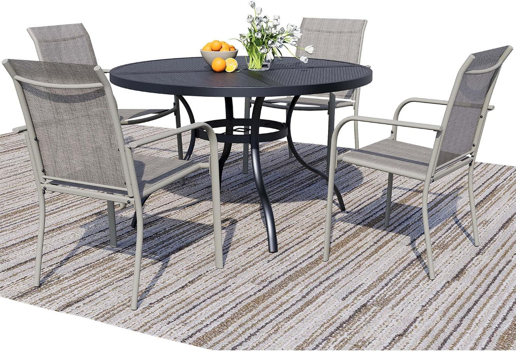 5-Piece Outdoor Dining Set, Mesh Round Patio Table and Grey Chairs, Black Patio Table and Chairs Set of 4, Patio Furniture Set for Garden, Yard, Patio