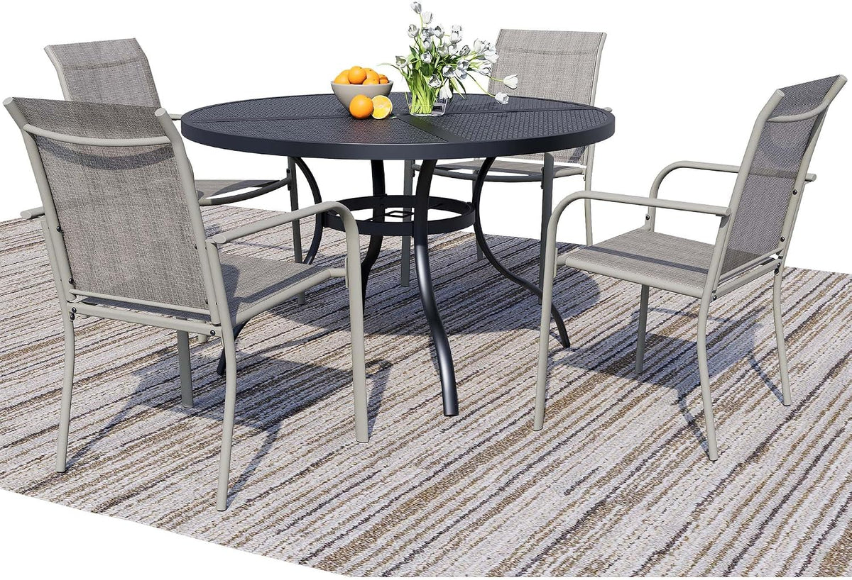 5-Piece Outdoor Dining Set, Mesh Round Patio Table and Grey Chairs, Black Patio Table and Chairs Set of 4, Patio Furniture Set for Garden, Yard, Patio