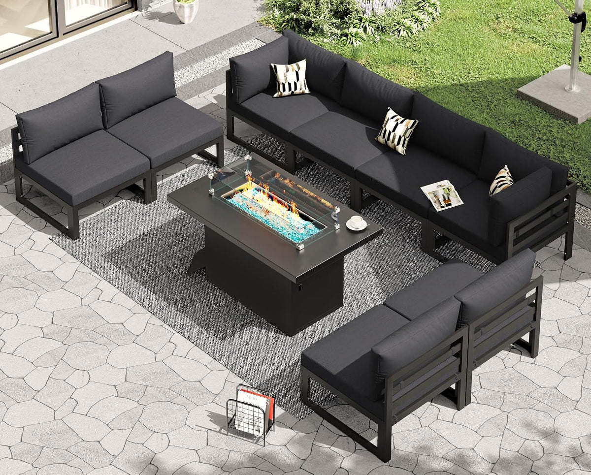 RADIATA 9 Piece Modern Aluminum Patio Furniture Set with Fire Pit Table, 500 lbs Heavy Duty Outdoor Sectional Sofa, 29' Deep Wide Oversize Seating Conversation Couch for Garden Exterior, Dark Gray