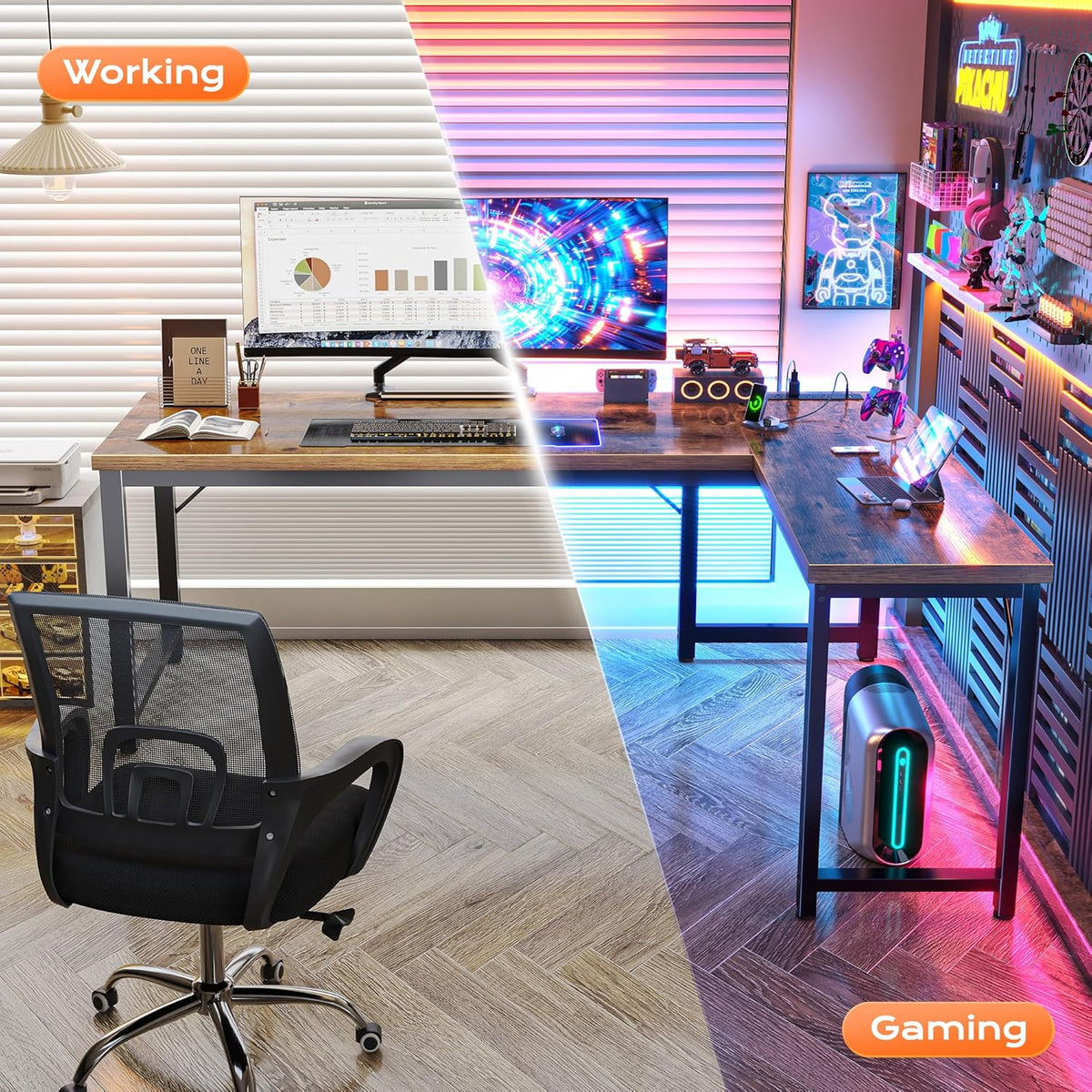 Huuger 63 Inch L Shaped Desk with Power Outlets and USB-C Port, 0.95 Inch Thicker Desktop, Reversible Computer Desk, Larger Office Corner Gaming Desk, Metal Frame, for Home Office, Study, Rustic Brown