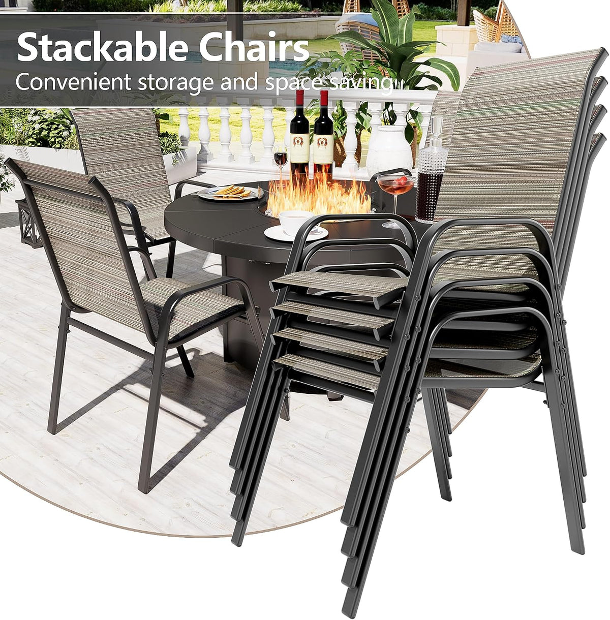 5 Pieces Patio Furniture Set with 48' CSA Approved/55000 BTU Outdoor Round Gas Fire Pit Table,Outdoor Conversation Set with 4 Stackable Patio Dining Chairs for Outdoor,Patio,Backyard