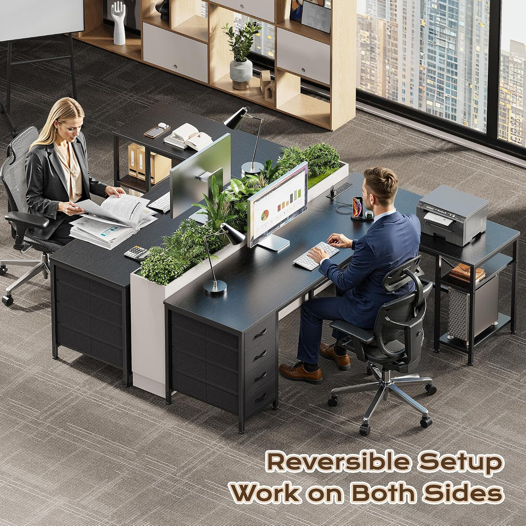 Huuger 55 Inch L Shaped Desk with Fabric Drawers, Reversible Computer Gaming Desk with Power Outlets and USB-C Port, Adjustable Side Storage Shelves, for Work Study Corner Home Office, Black