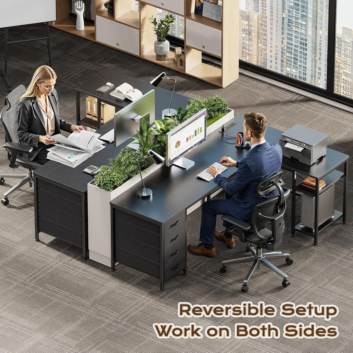 Huuger 55 Inch L Shaped Desk with Fabric Drawers, Reversible Computer Gaming Desk with Power Outlets and USB-C Port, Adjustable Side Storage Shelves, for Work Study Corner Home Office, Black