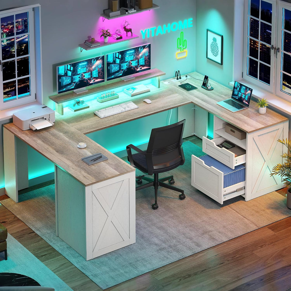 YITAHOME U Shaped Desk with Power Outlet & LED Lights, Farmhouse Computer Desk with Drawers, Wood Desk Home Office Desk with Monitor Stand & 5 Cubbies Storage Shelves, Grey Wash