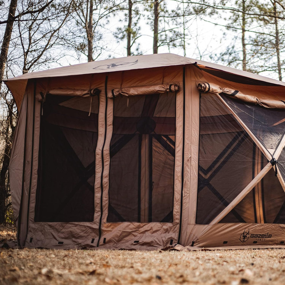 Gazelle Tents™ G6 Cool Top 6-Sided Portable Gazebo, Easy Pop-Up Hub Screen Tent, Waterproof, UV Resistant, 8-Person & Table, Badlands Brown, 91' x 139' x 123', GG620BR