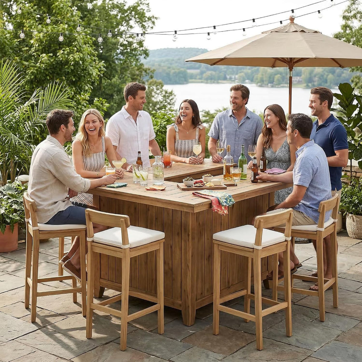 Patio Bar Stools Set of 2, Solid Acacia Wood Patio Barstools with Footrest, 28.5' Counter Height Outdoor Bar Stools, High Top Patio Bar Chairs for Balcony/Deck/Kitchen Island/Bistro, Beige