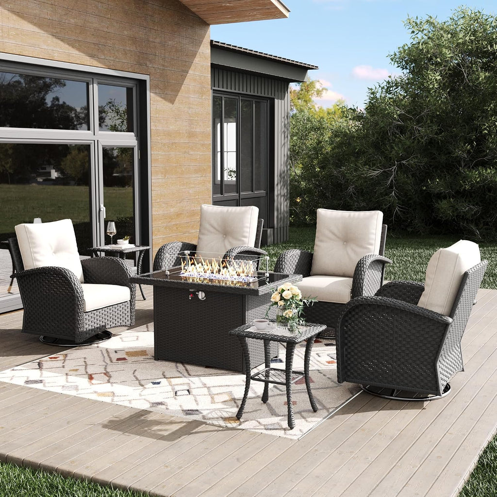 Outdoor Patio Furniture Sets with Fire Pit Table 7 Pieces Wicker Swivel Rocker Chairs for Backyard Deck