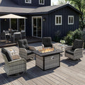 7Pcs Patio Rocking Swivel Chair with 55,000 BTU Fire Pit Table Outdoor Wicker Rattan Bistro Set with Tempered Glass Side Table, Outdoor Patio Furniture Set for Garden and Balcony, Dark Grey