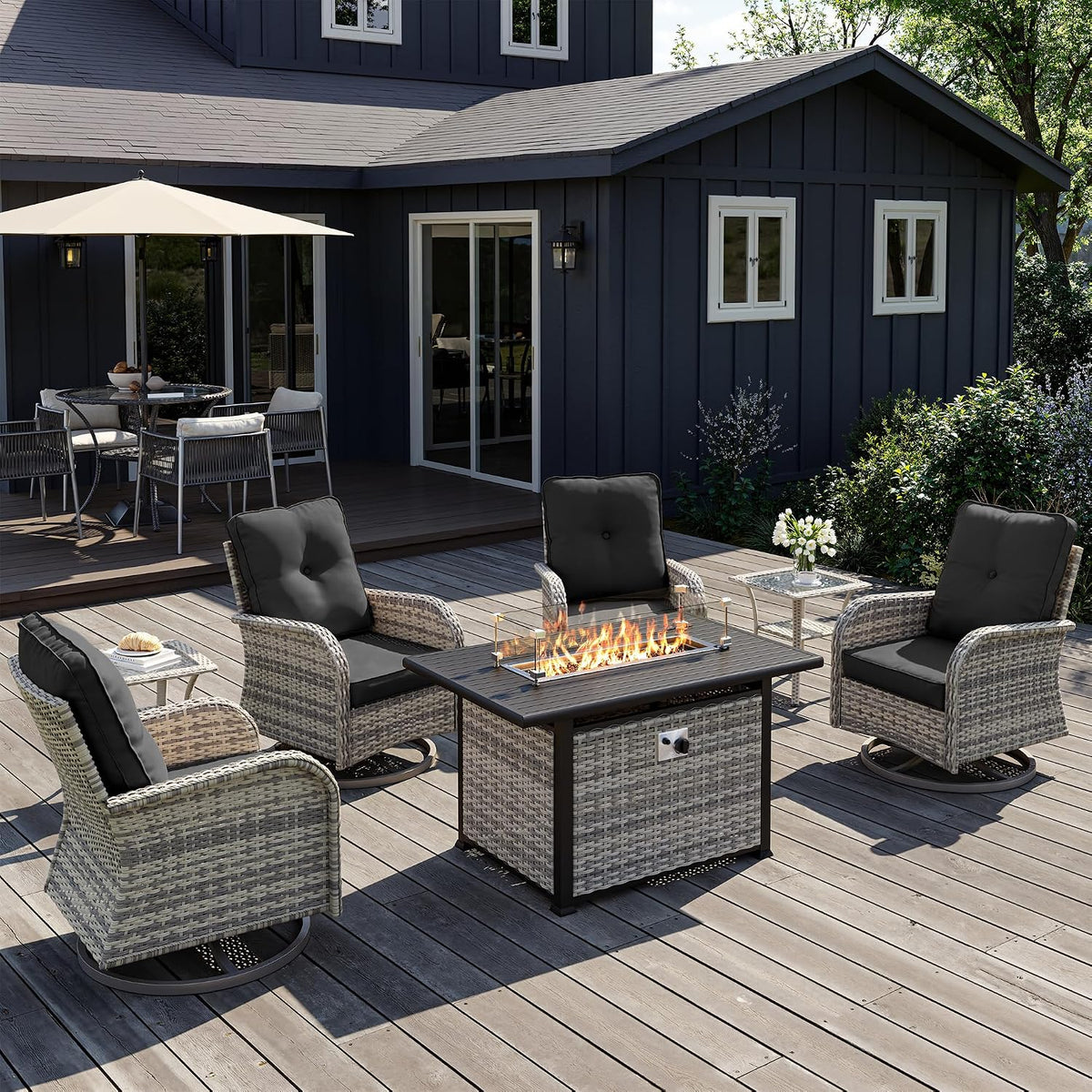 7Pcs Patio Rocking Swivel Chair with 55,000 BTU Fire Pit Table Outdoor Wicker Rattan Bistro Set with Tempered Glass Side Table, Outdoor Patio Furniture Set for Garden and Balcony, Dark Grey