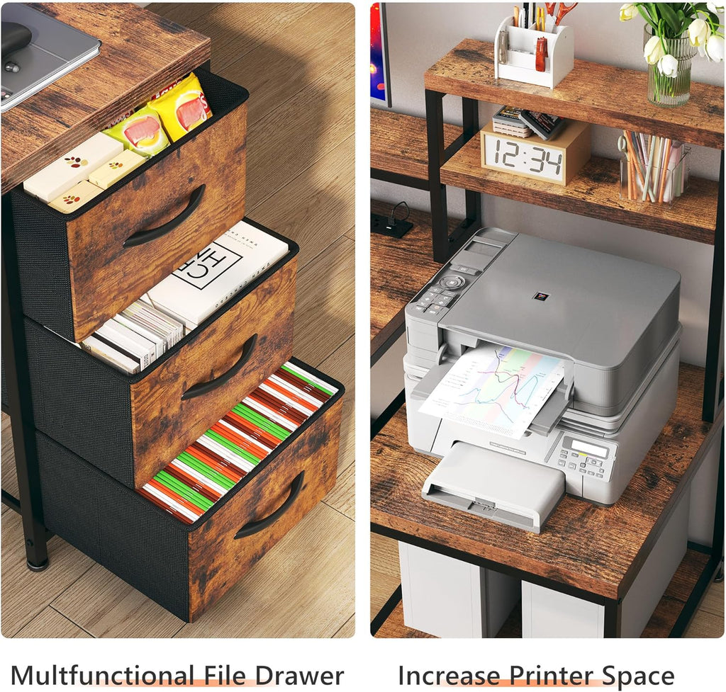 EnHomee 71' L Shaped Computer Desk with 3 Drawers & Hutch,Reversible Gaming Desk with LED Lights & Power Outlet,Home Office Desks with Monitor Stand & Printer Shelf for Student School Rustic Brown