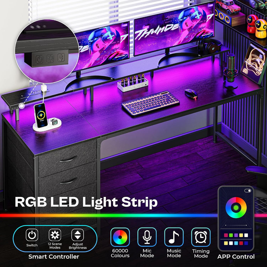 Huuger 63 Inch Computer Desk with Power Outlets and LED Lights, Gaming Desk with 4 Drawers, Office Desk with Monitor Stand, Study Desk Work Desk for Home Office, Black