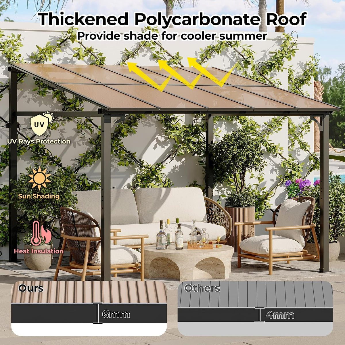 GarveeHome 10' x 10' Lean to Gazebo, Hard Top Outdoor Pergola with Roof, Gazebos Pergola on Clearance, Large Wall Mounted Heavy Duty Awnings for Patio, Backyard, Deck, Porch