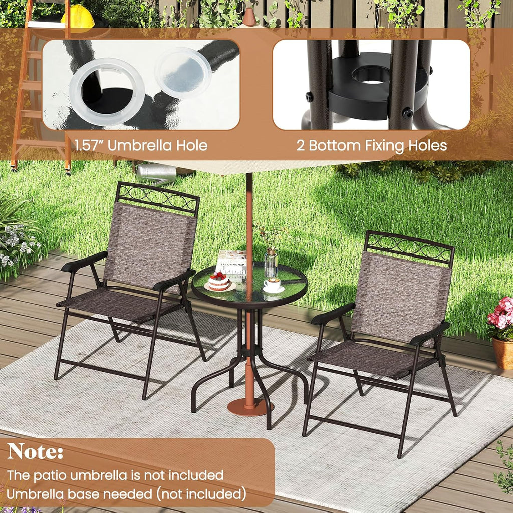 HAPPYGRILL 3 Pieces Patio Dining Set with Round Glass Table, Folding Chairs, Outdoor Chairs Table Set with Umbrella Hole for Garden Poolside Backyard