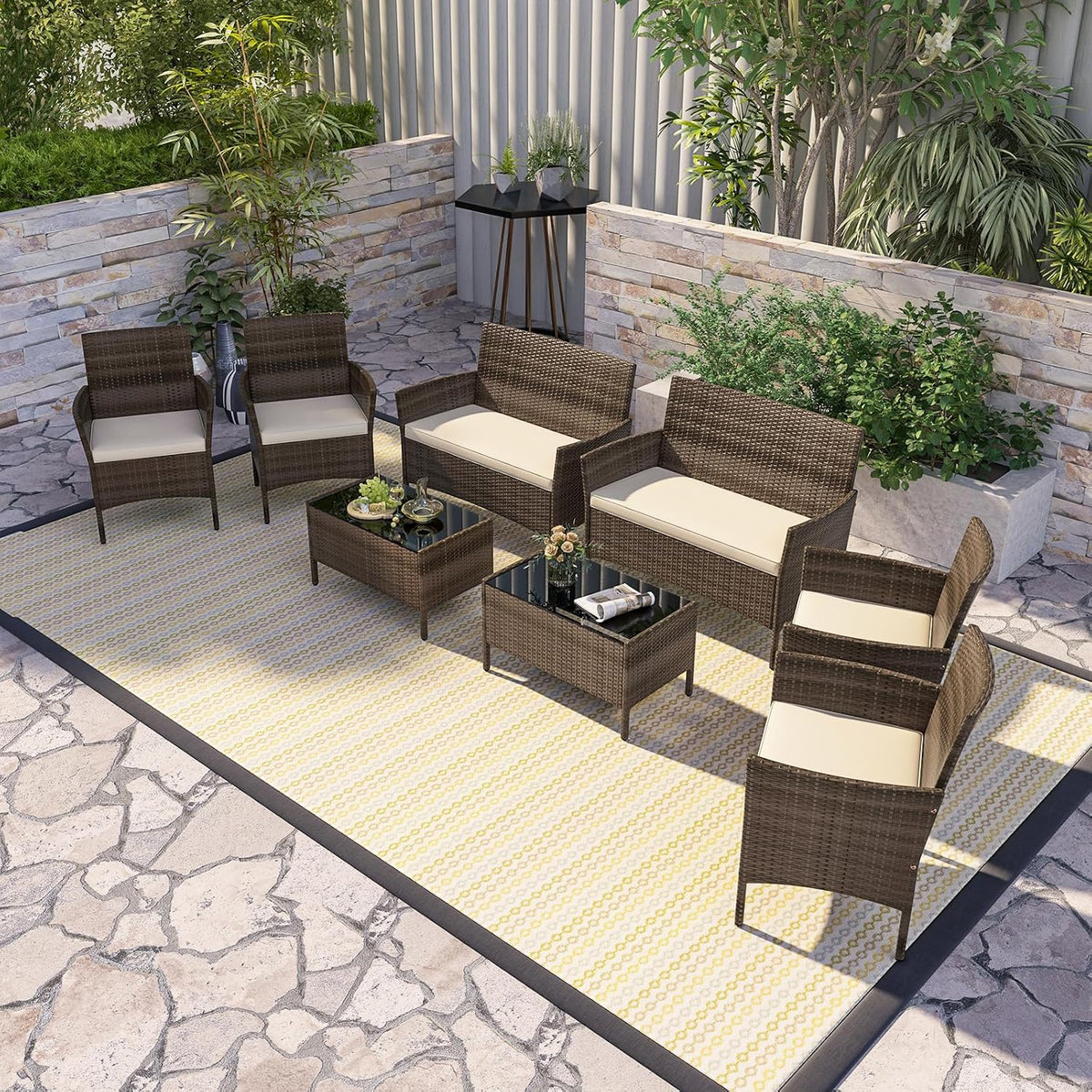 RELAX4LIFE 8-Piece Patio Furniture Set - Rattan Outdoor Conversation Bistro Set w/Cushions, Glass Coffee Table, Wicker Chairs & Loveseat for Garden Backyard Porch, Balcony Furniture Set (2, Beige)