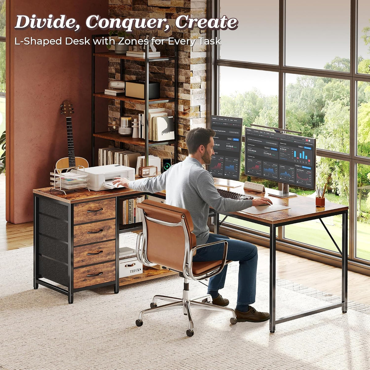 PRAISUN 53' L Shaped Desk with Power Outlets and USB-C Port, Reversible Computer Corner Office Desk with 4 Fabric Drawers and 2 Height-Adjustable Shelves, Large for Gaming Writing Study, Rustic Brown