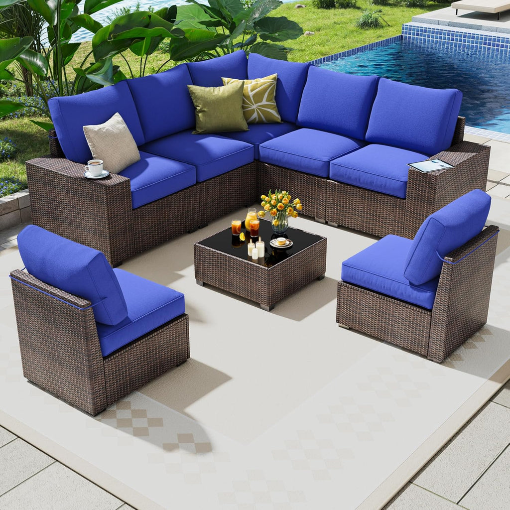 8 Piece Outdoor Patio Furniture Set, Outdoor Sectional Furniture, Rattan & Wicker Modern Modular Conversation Set Sofa Couch W/Water Resistant Washable Thick Cushions and Coffee Table, Brown/Blue