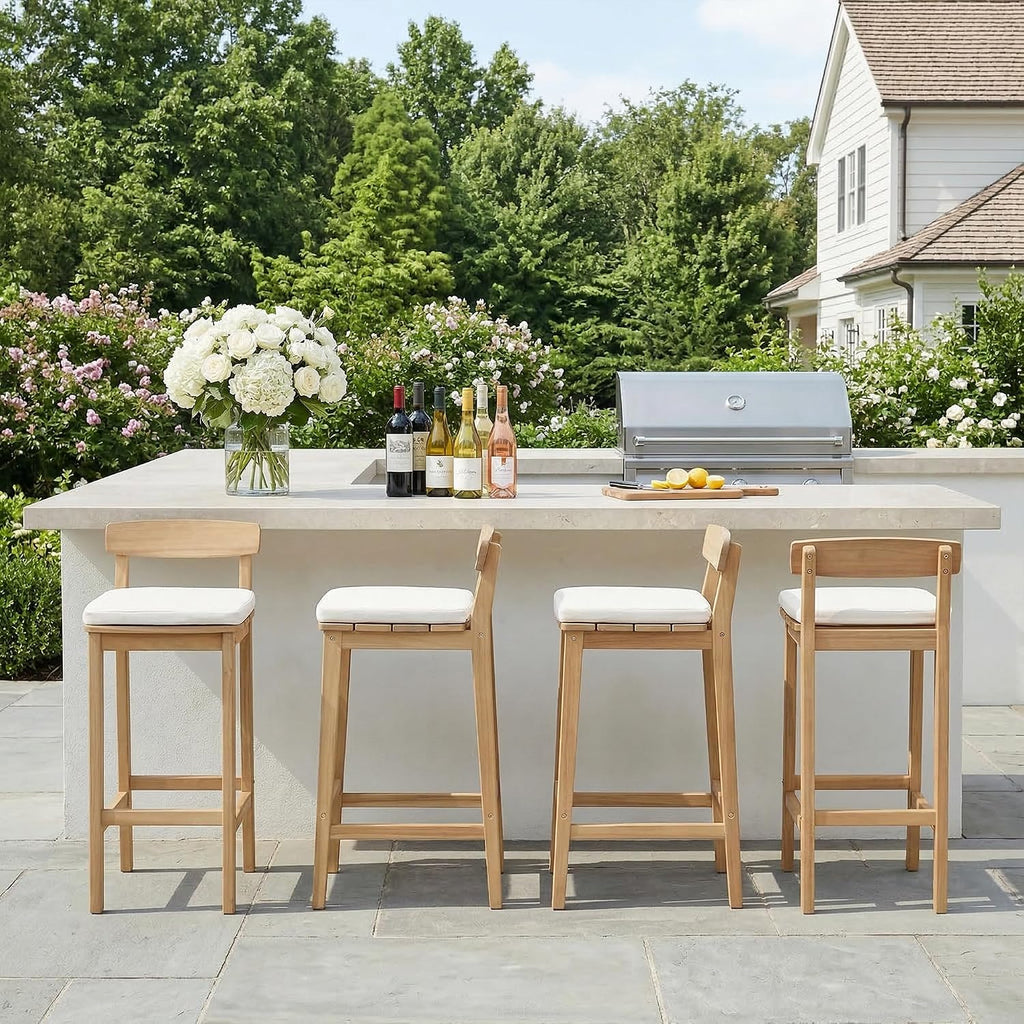 Patio Bar Stools Set of 4, Solid Acacia Wood Patio Barstools with Footrest, 28.5' Counter Height Outdoor Bar Stools, High Top Patio Bar Chairs for Balcony/Deck/Kitchen Island/Bistro, Beige