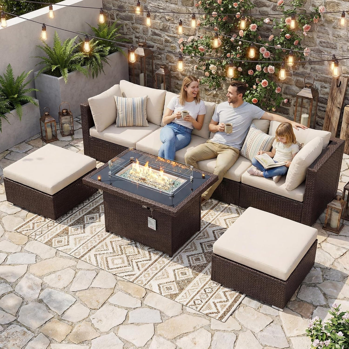 BULEXYARD 7 Piece Highback Patio Furniture Set with Fire Pit Table, Modern Modular Outdoor Sectional Couch Sofa with Ottoman, 6-Person Backyard Seating for Outside, Deck, Brown Wicker & Beige Cushion