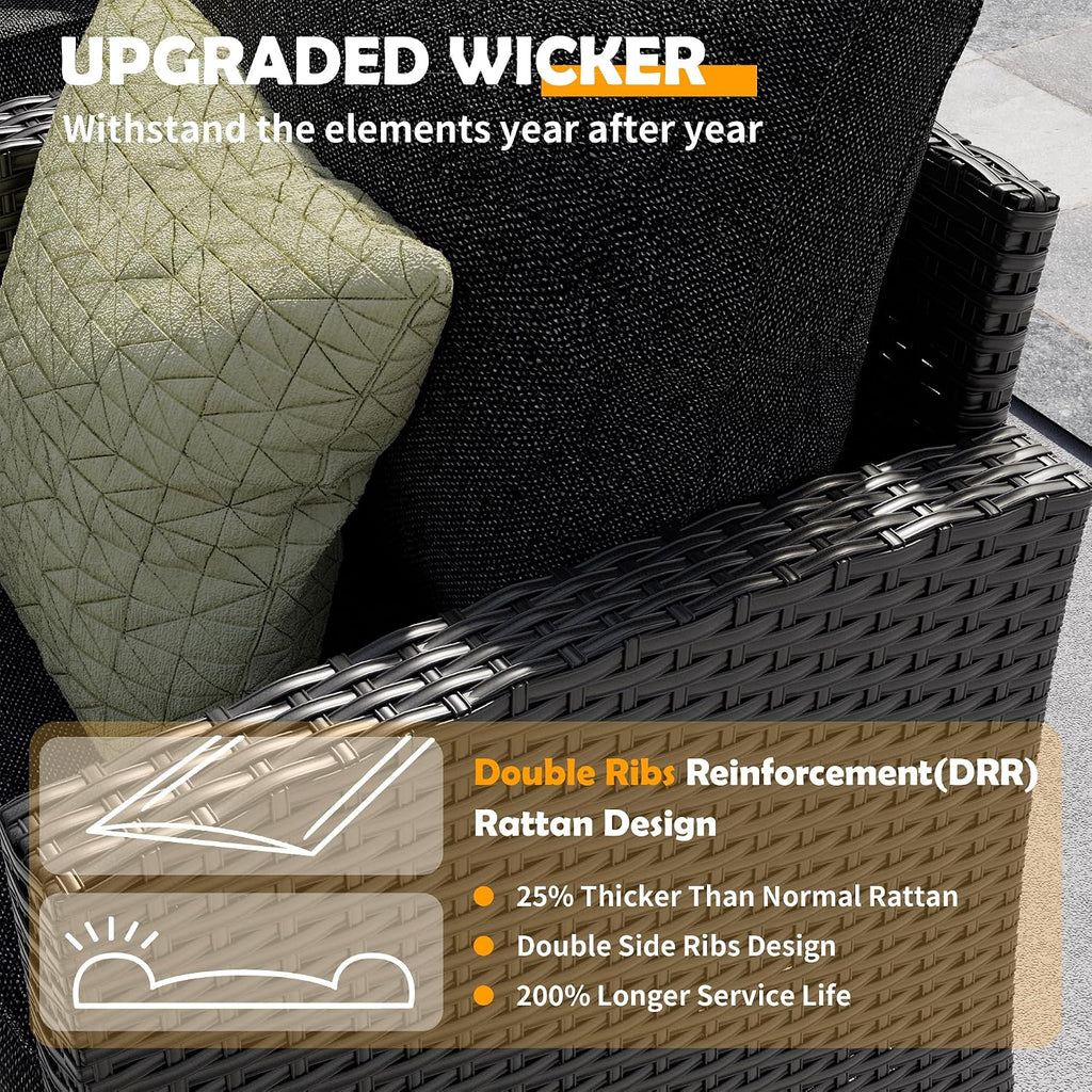 UDPATIO Patio Furniture Set with 44' Fire Pit Table, 8 Pieces Outdoor Sectional Conversation Sets, All-Weather Wicker Rattan Sofa Ottoman with 4' Thick Cushion for Garden Backyard Deck, Black
