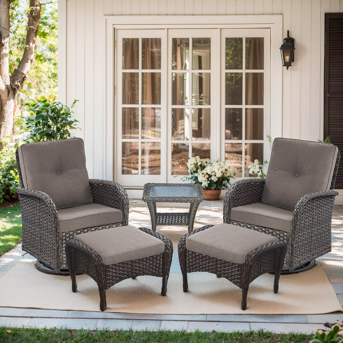 Outdoor Swivel Glider Rocker Chairs Set- 5 Piece Patio Furniture Set, Patio Bistro Sets with Tempered Glass Side Table and 2 Ottoman, for Balcony, Porch - Brown Wicker, Grey Cushion