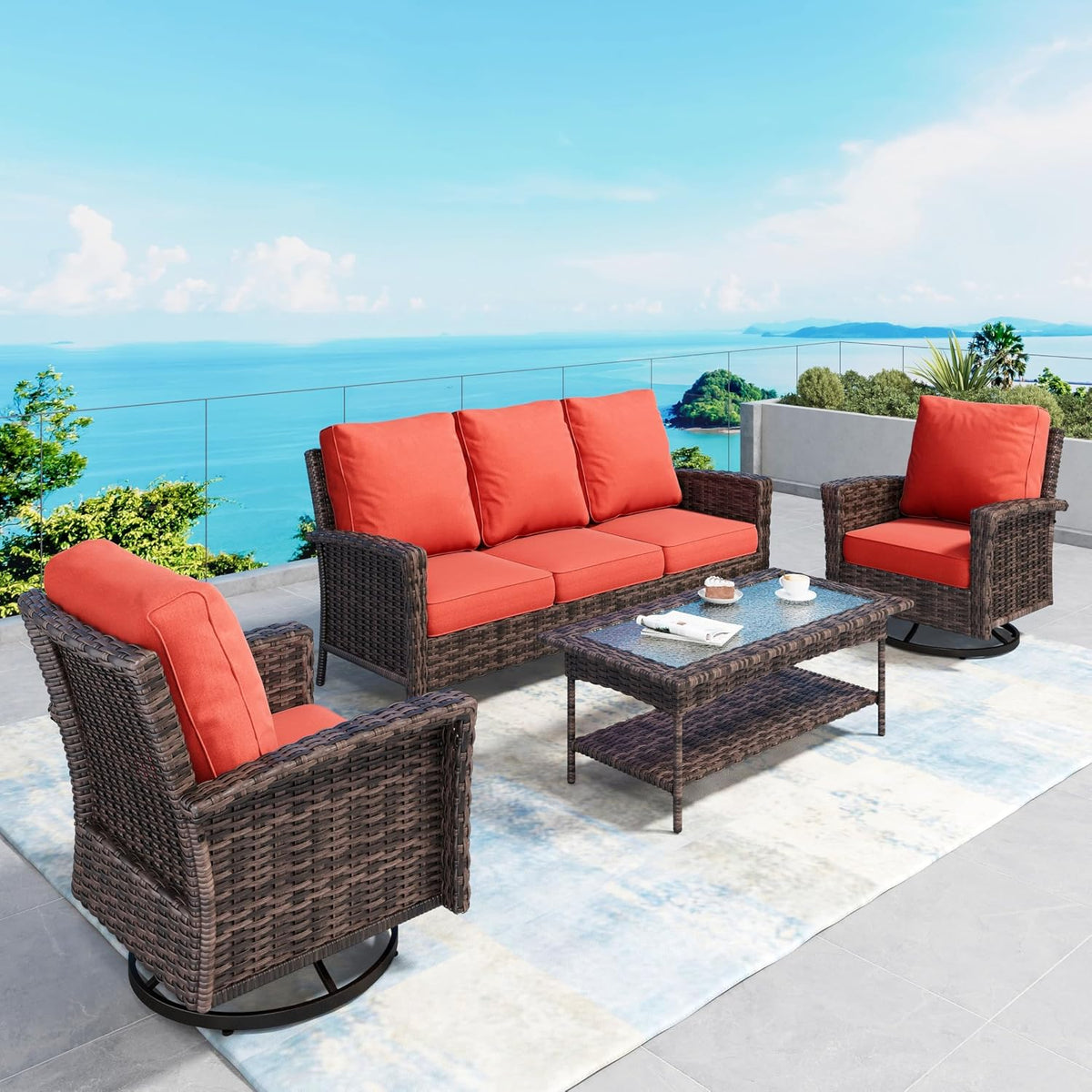 SUNSHINE VALLEY Patio Furniture Set with Swivel Chairs, High Back Wicker Rattan Furniture with 5.5' Thick Cushions and Coffee Table, Outdoor Conversation Set for Backyard Deck, 5 Seats, Red