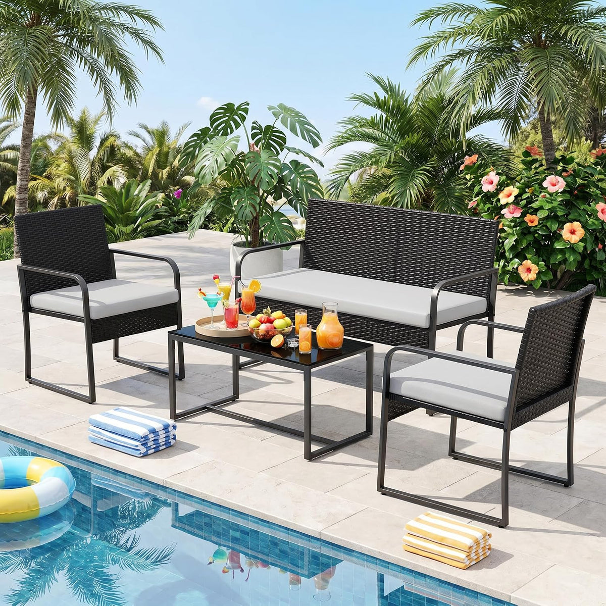 Gizoon 4 Piece Patio Furniture Set, Wicker Furniture with Glass Coffee Table, Outdoor Rattan Conversation Set, for Backyard, Poolside, Porch, Lawn, Cushion-Grey