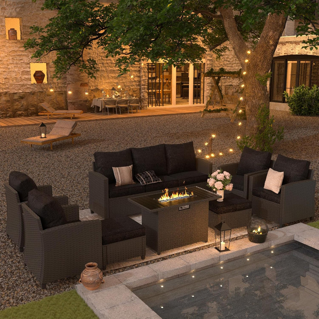 UDPATIO Patio Furniture Set with 44' Fire Pit Table, 8 Pieces Outdoor Sectional Conversation Sets, All-Weather Wicker Rattan Sofa Ottoman with 4' Thick Cushion for Garden Backyard Deck, Black