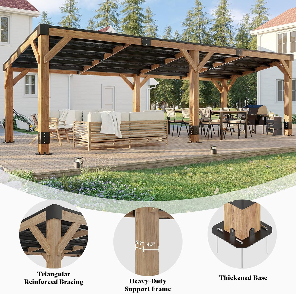 AMERLIFE 10 x 20 FT Spruce Wood Hardtop Gazebo with Sloped Galvanized Steel Roof, Heavy Duty Outdoor Pergola with Bar Shelf for Grill, BBQ, Patio, Backyard, Garden