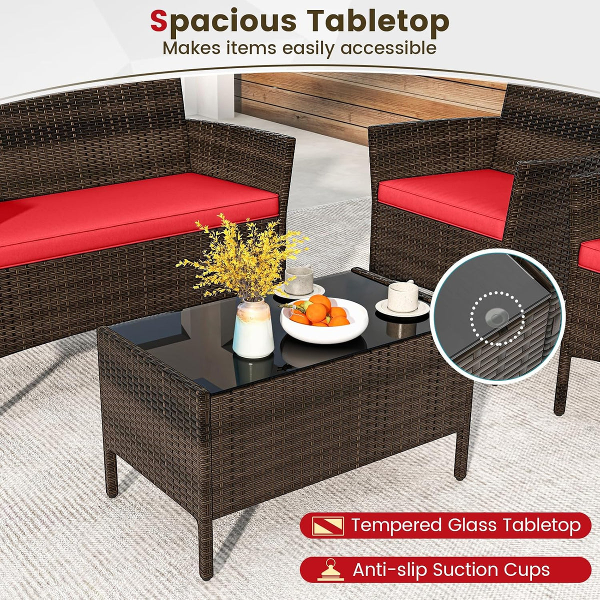 ORALNER 4 Pieces Patio Furniture Set, Rattan Chairs Loveseat with Soft Cushion and Glass Table, Outdoor Wicker Conversation Set for Balcony Garden Backyard Porch Poolside (Red)