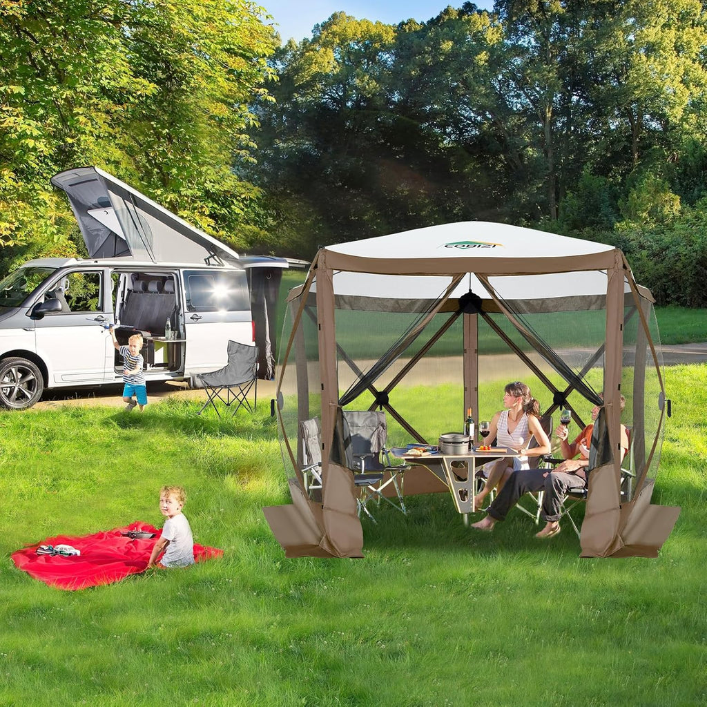 COBIZI 10x10 FT Pop up Gazebo, Popup Canopy Tent, Screened in Gazebos, Waterproof Portable Outdoor Small Screen Tents Sun Shelter,carpas para Patio for Camping, Garden and Backyard,Brown