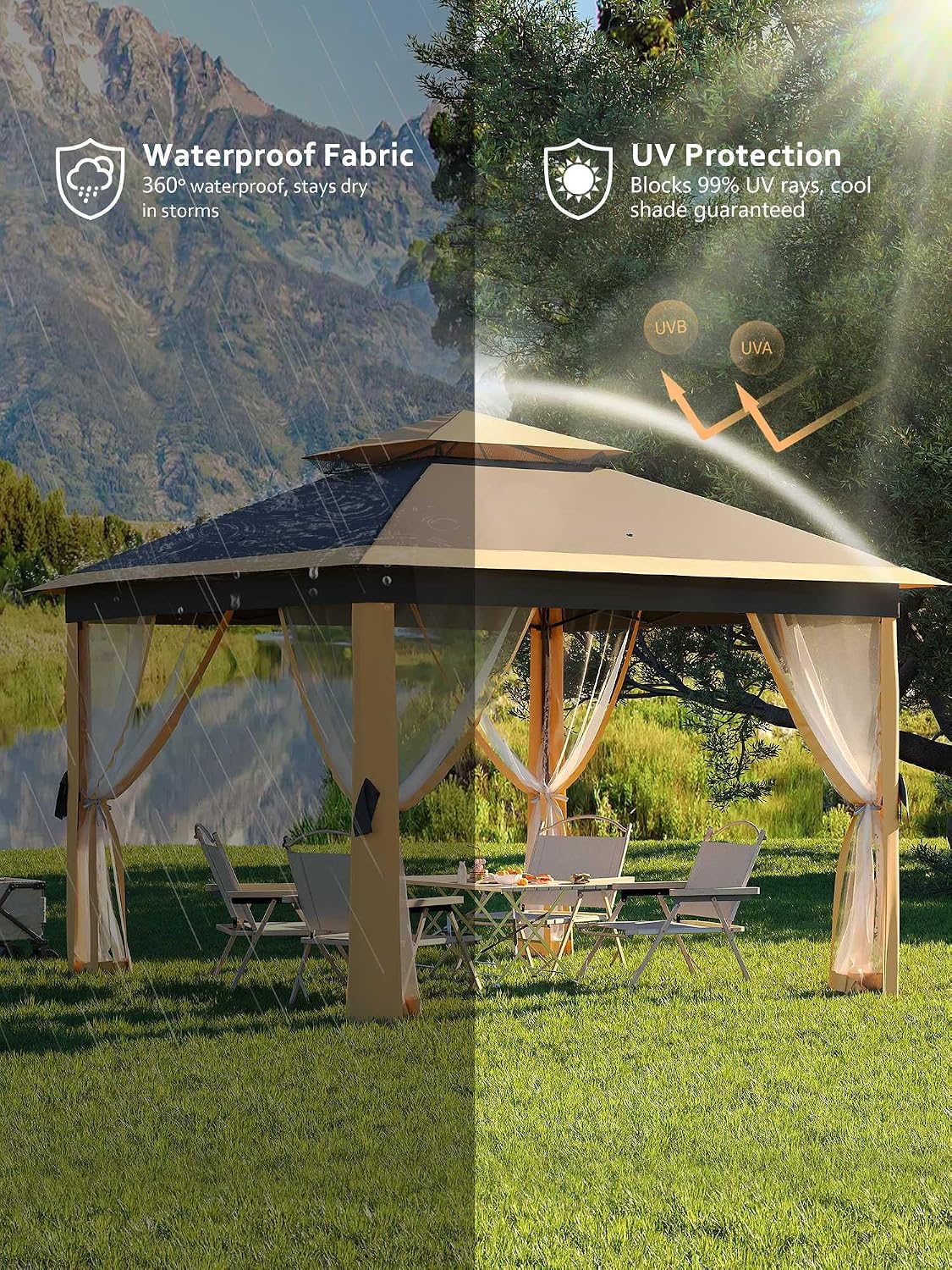 Garveelife 11x11 Pop Up Gazebo Tent with Mosquito Netting, Outdoor Canopy Shelter Easy Setup, Water & UV Resistant - Khaki