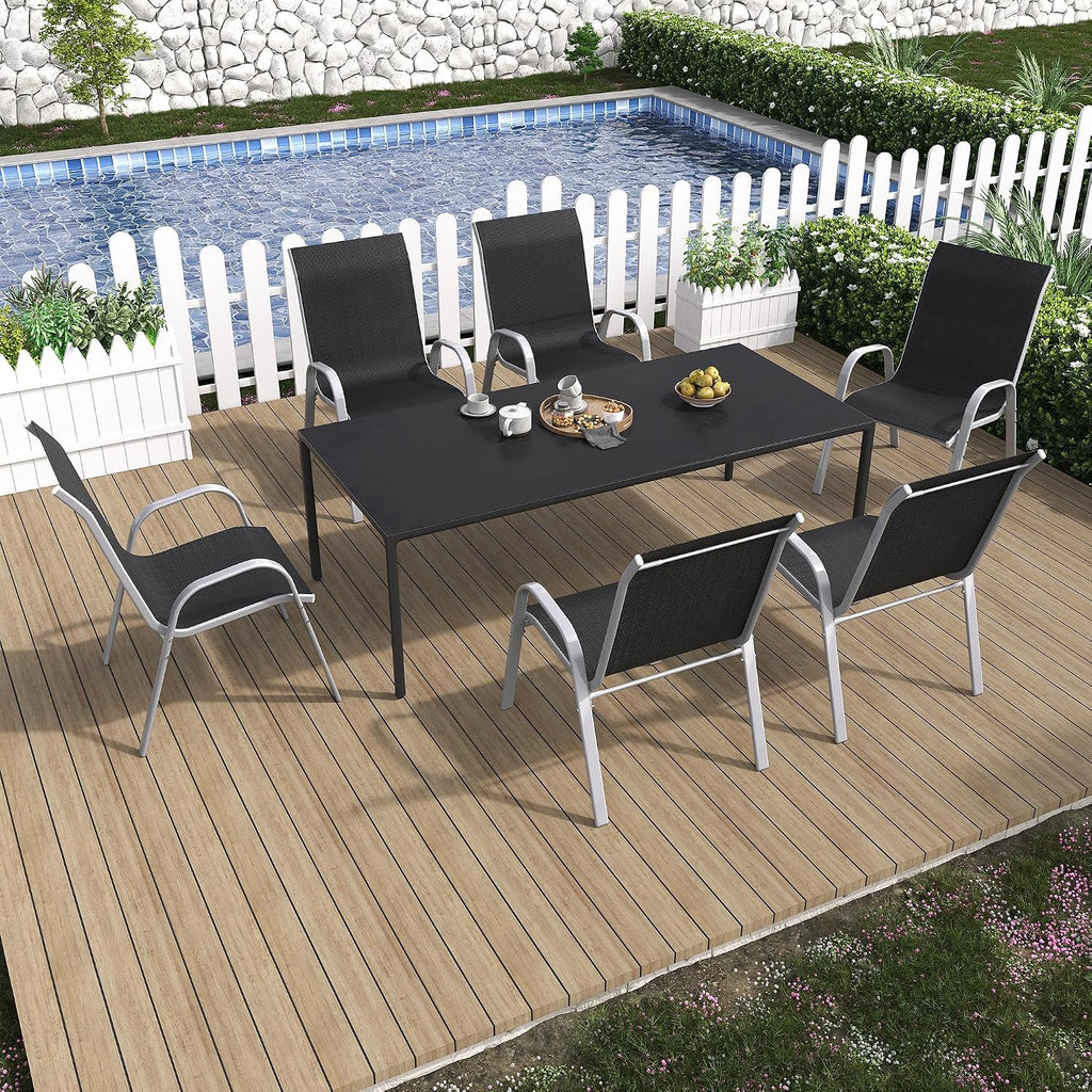 Amopatio Patio Chairs Set of 6, Stackable Outdoor Dining Chairs for All Weather, Silver Frame Outdoor Chair Garden Furniture for Backyard Deck(Black)