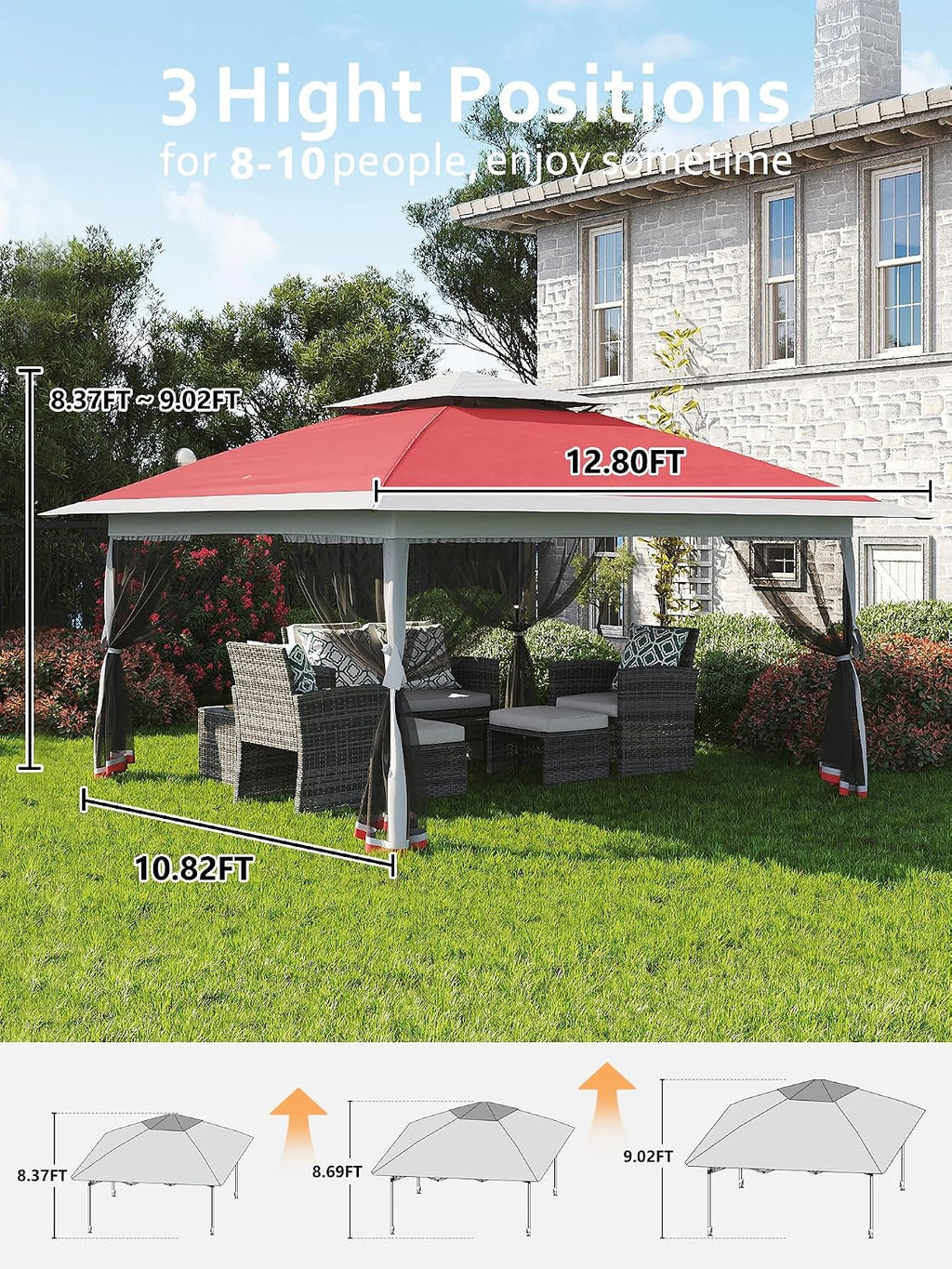 Garvee 13x13 ft Pop Up Gazebo,Canopy Tent with Mosquito Netting, Gazebos on Clearance,Outdoor Patio Gazebo,Backyard Tent for Party,Wedding,Outdoor Dining(Red+Light Grey)
